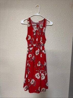 Red Floral Midi Dress with Tie Waist